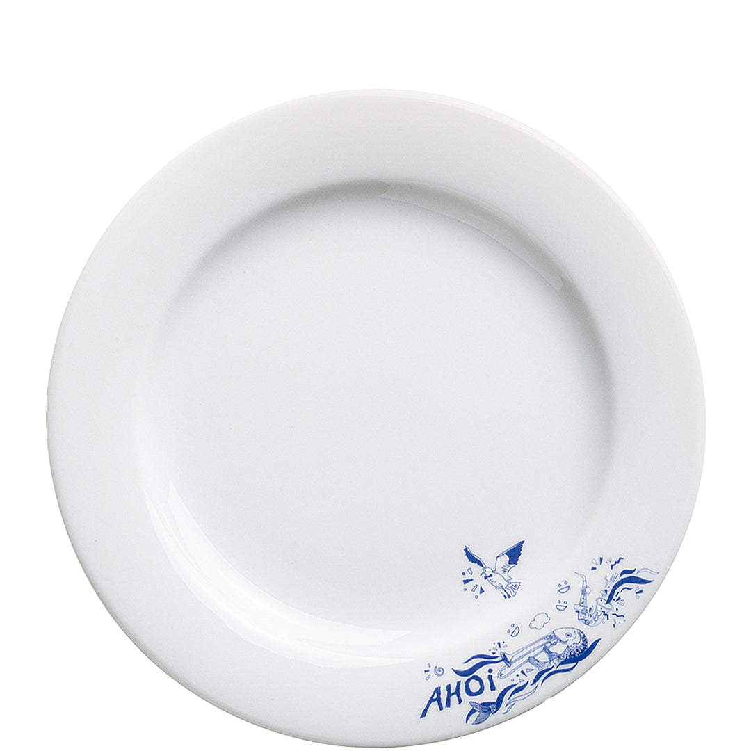 Weißer Teller mit blauem Motiv.
