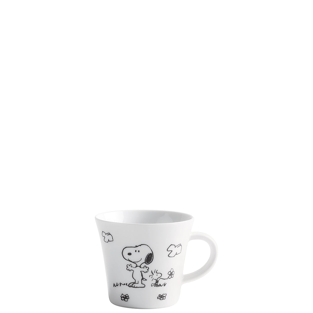 Weiße Tasse mit Snoopy-Motiv.