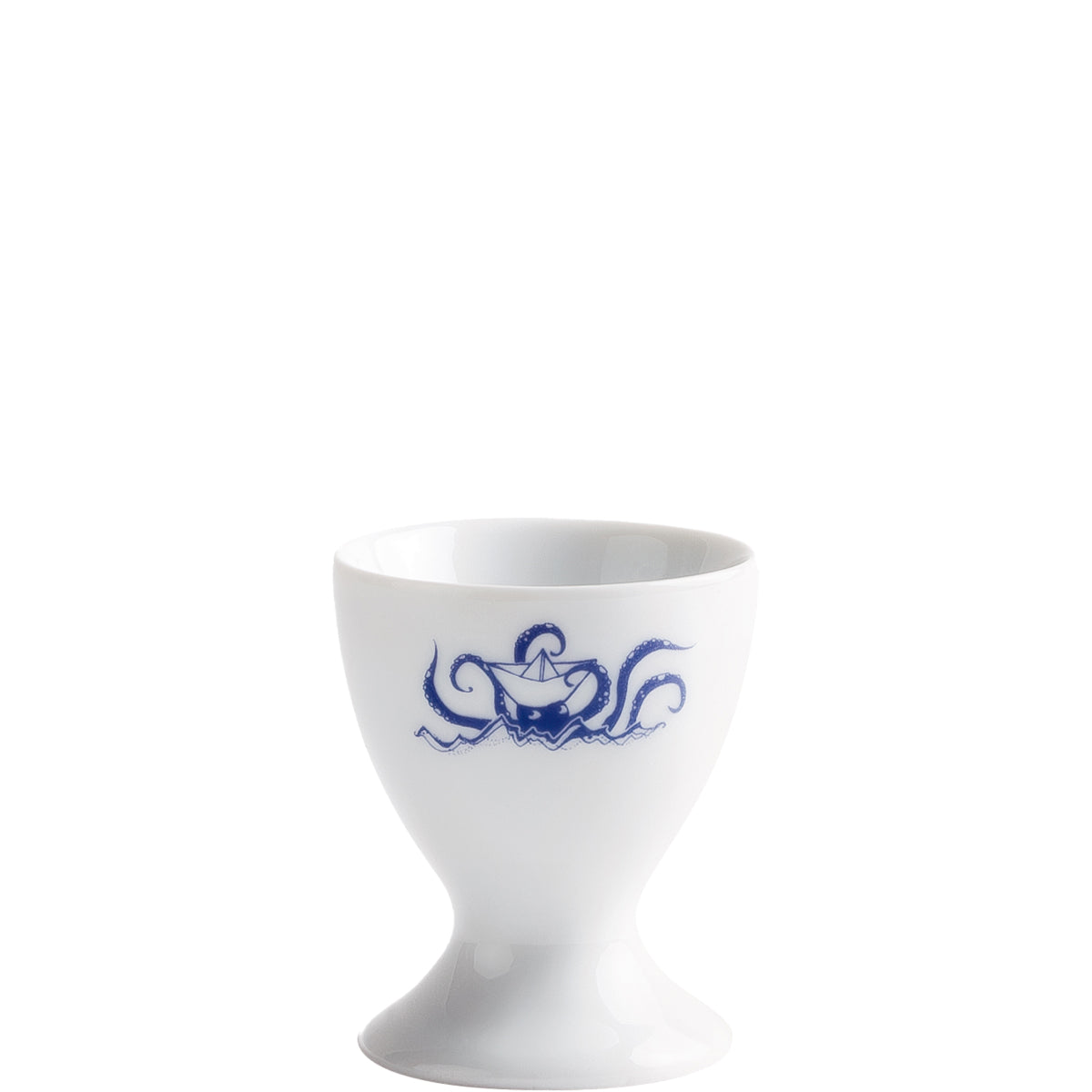Weißer Eierbecher mit blauem Muster.