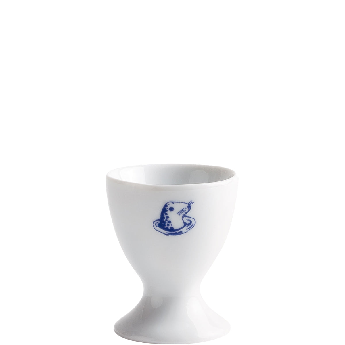 Weißer Eierbecher mit blauem Logo.
