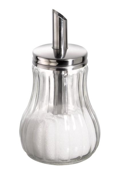 Zuckerspender aus Glas und Metall.