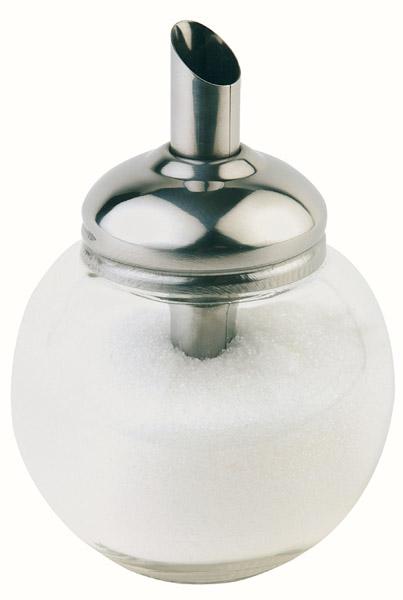 Zuckerspender aus Glas und Metall.