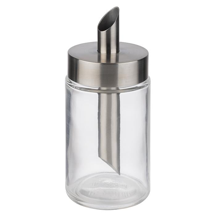 Zuckerspender aus Glas und Metall.