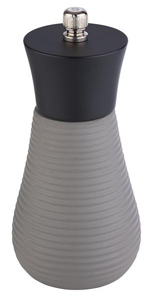 Graue Gewürzmühle mit schwarzem Deckel.