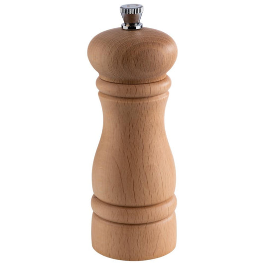 Holz-Pfeffermühle mit Metallknopf.