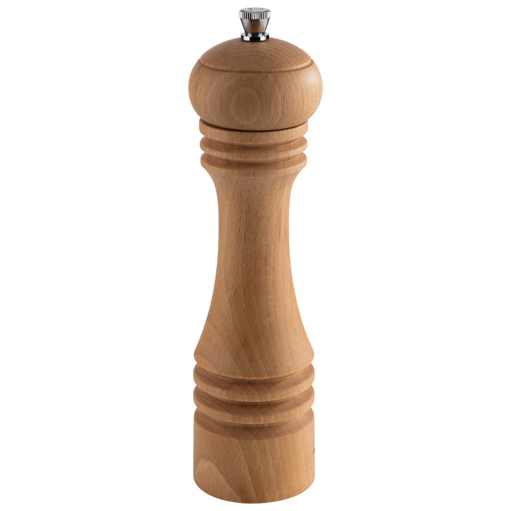 Holz-Pfeffermühle mit Metallknopf.