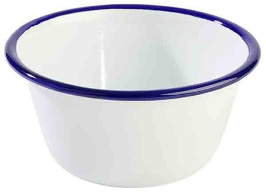 Weiße Schüssel mit blauem Rand.