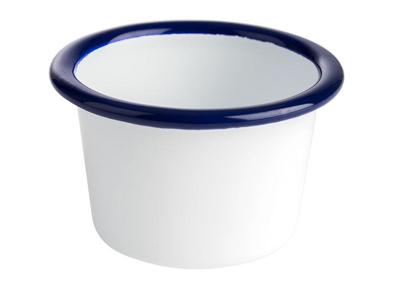 Weiß-blauer Emaille-Behälter, rund.