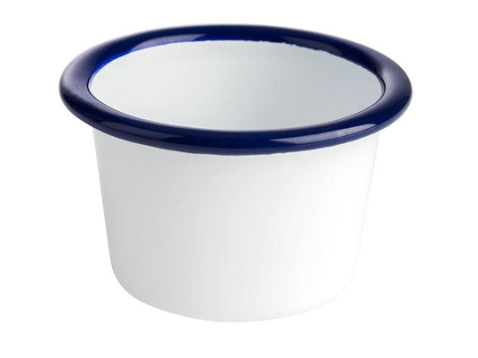 Weiß-blauer Emaille-Behälter, rund.