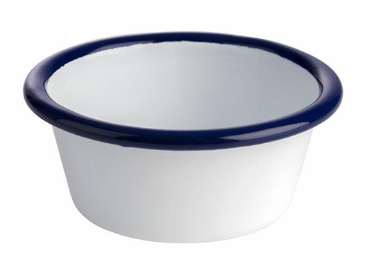 Weiße Schüssel mit blauem Rand.