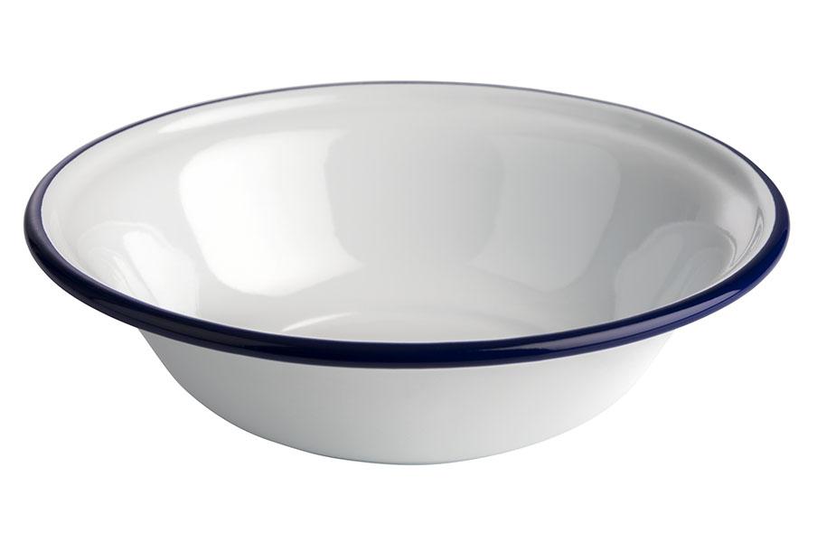 Weiße Schüssel mit blauem Rand.