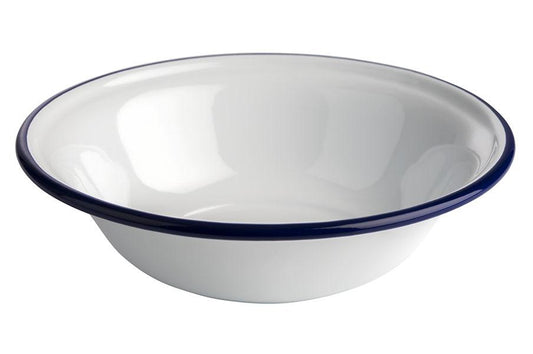 Weiße Schüssel mit blauem Rand.