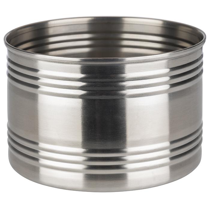 Metallbehälter, zylindrisch, geriffelt, silbern.