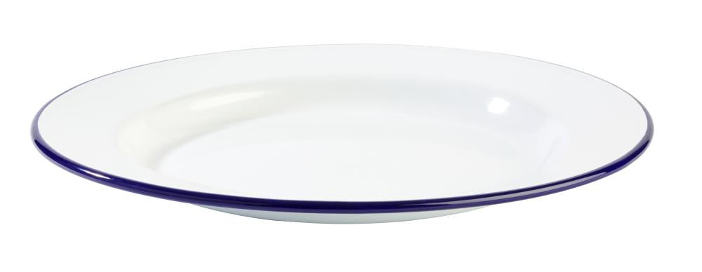 Weißer Teller mit blauem Rand.