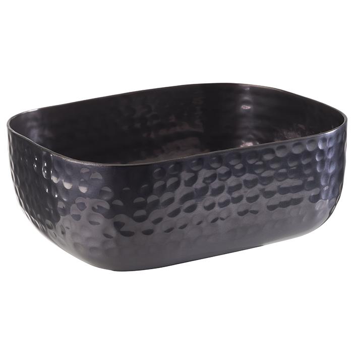 Schwarze, gehämmerte Metallschale, rechteckig.
