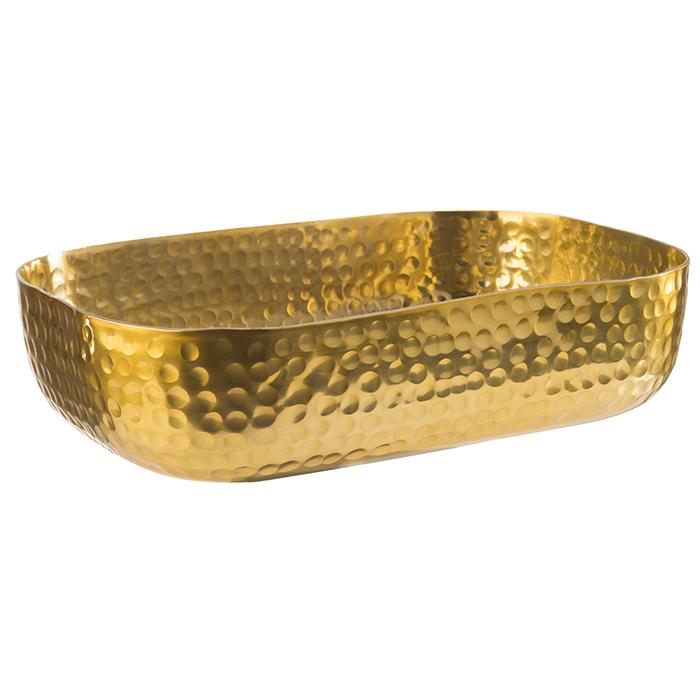 Goldene, gehämmerte Servierschale, rechteckig.
