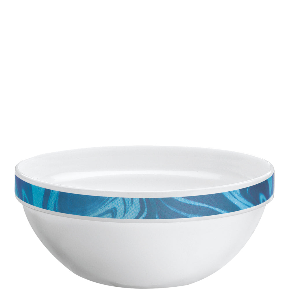 Weiße Schüssel mit blauem Rand.