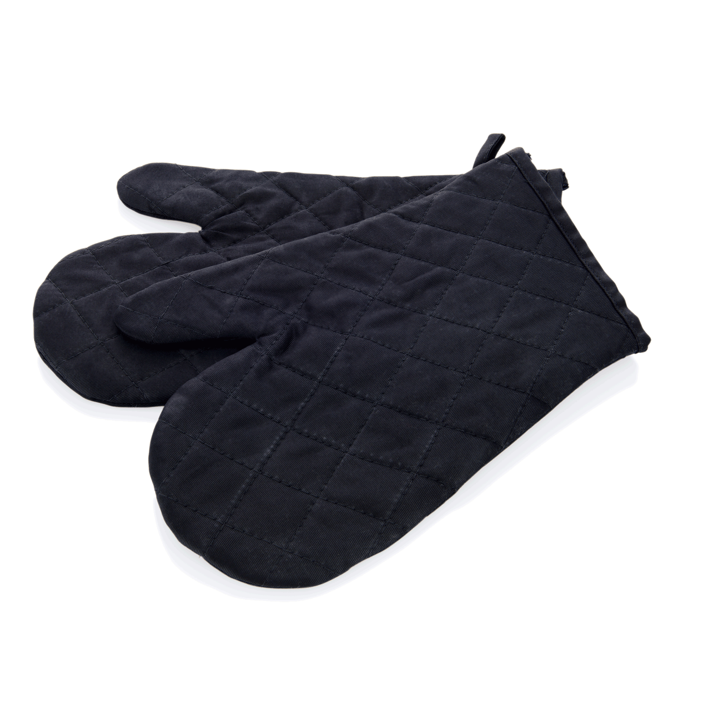 Schwarze Ofenhandschuhe auf weißem Hintergrund.