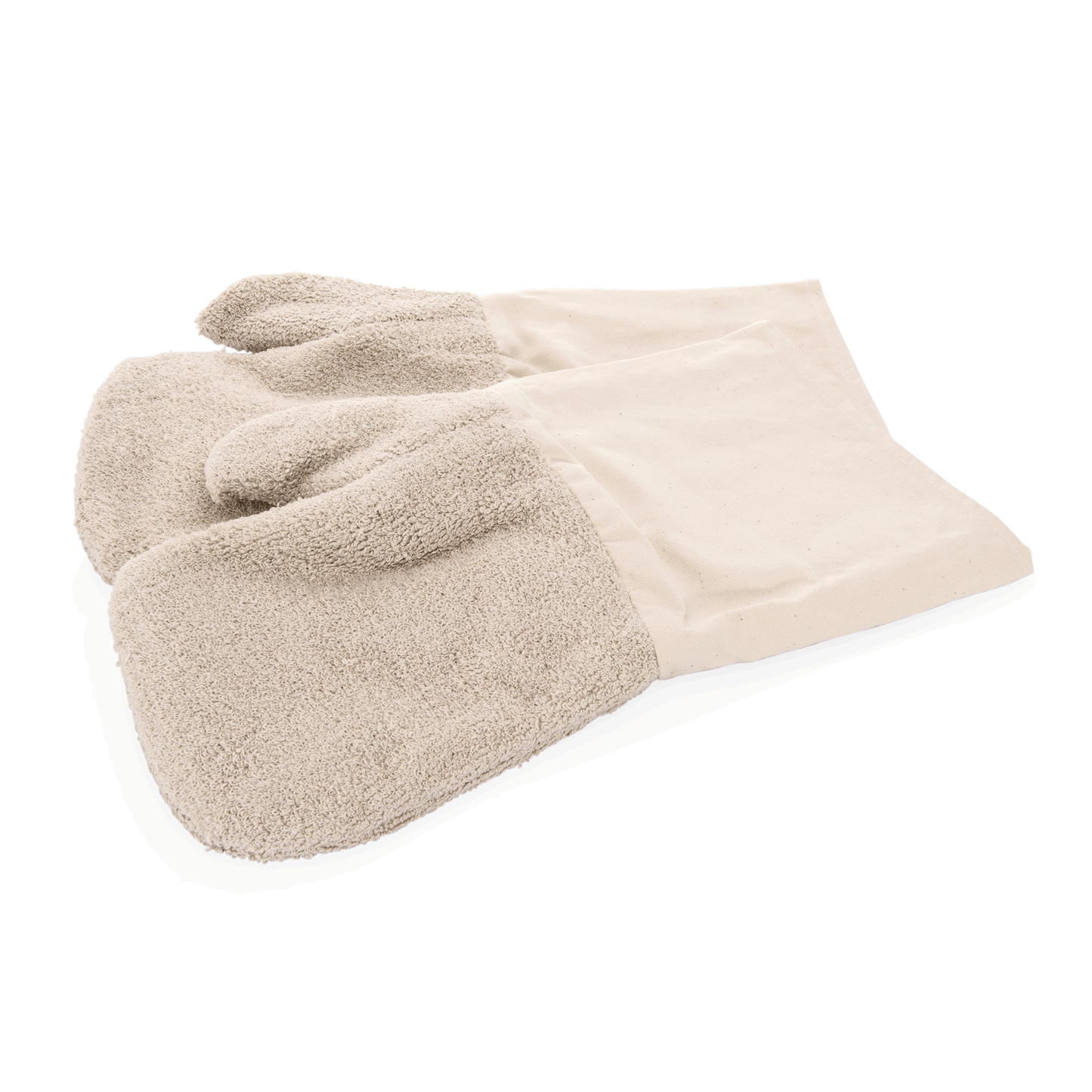 Zwei weiße Ofenhandschuhe aus Stoff.