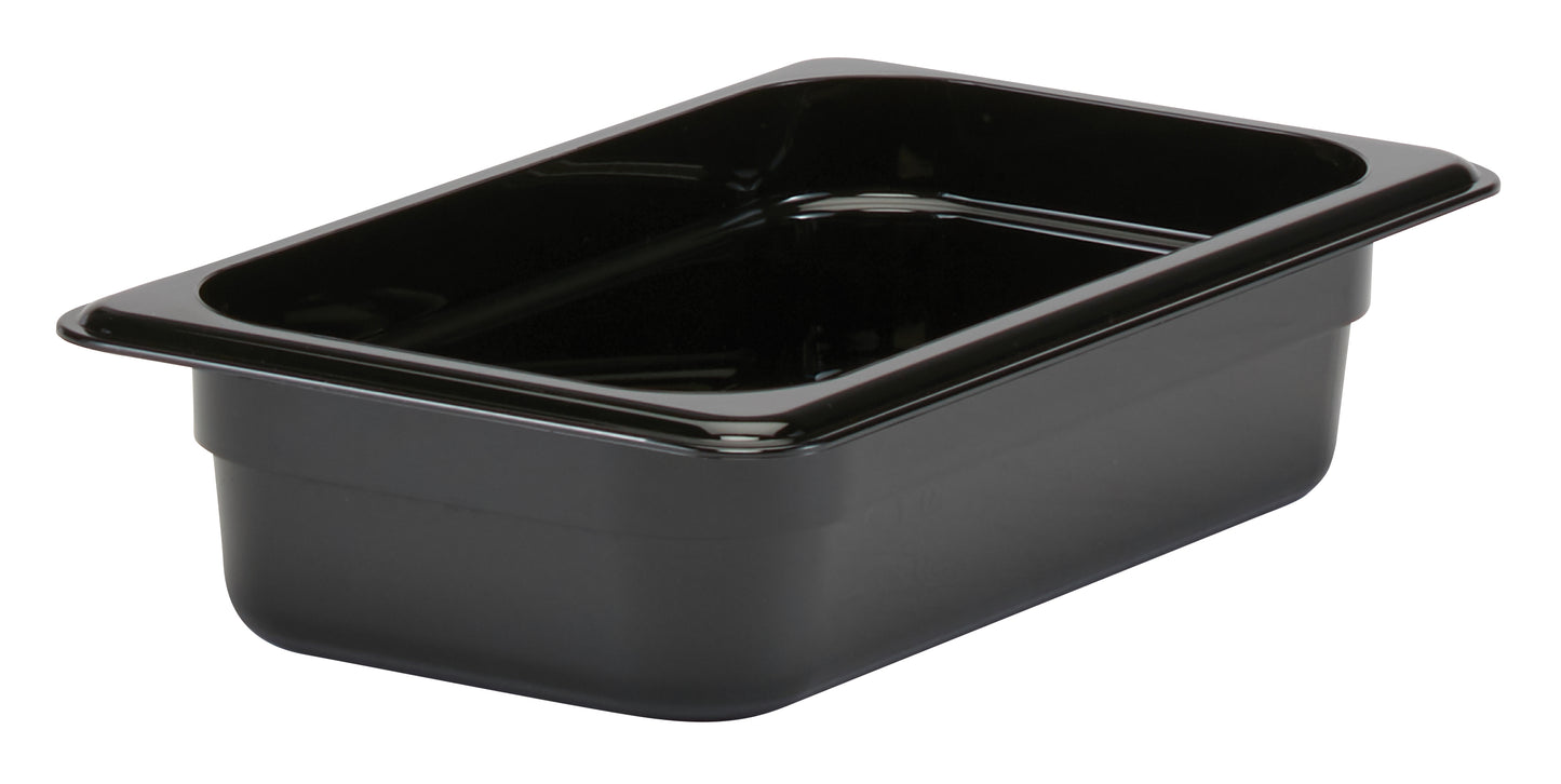 Schwarze GN-Behälter aus Kunststoff.