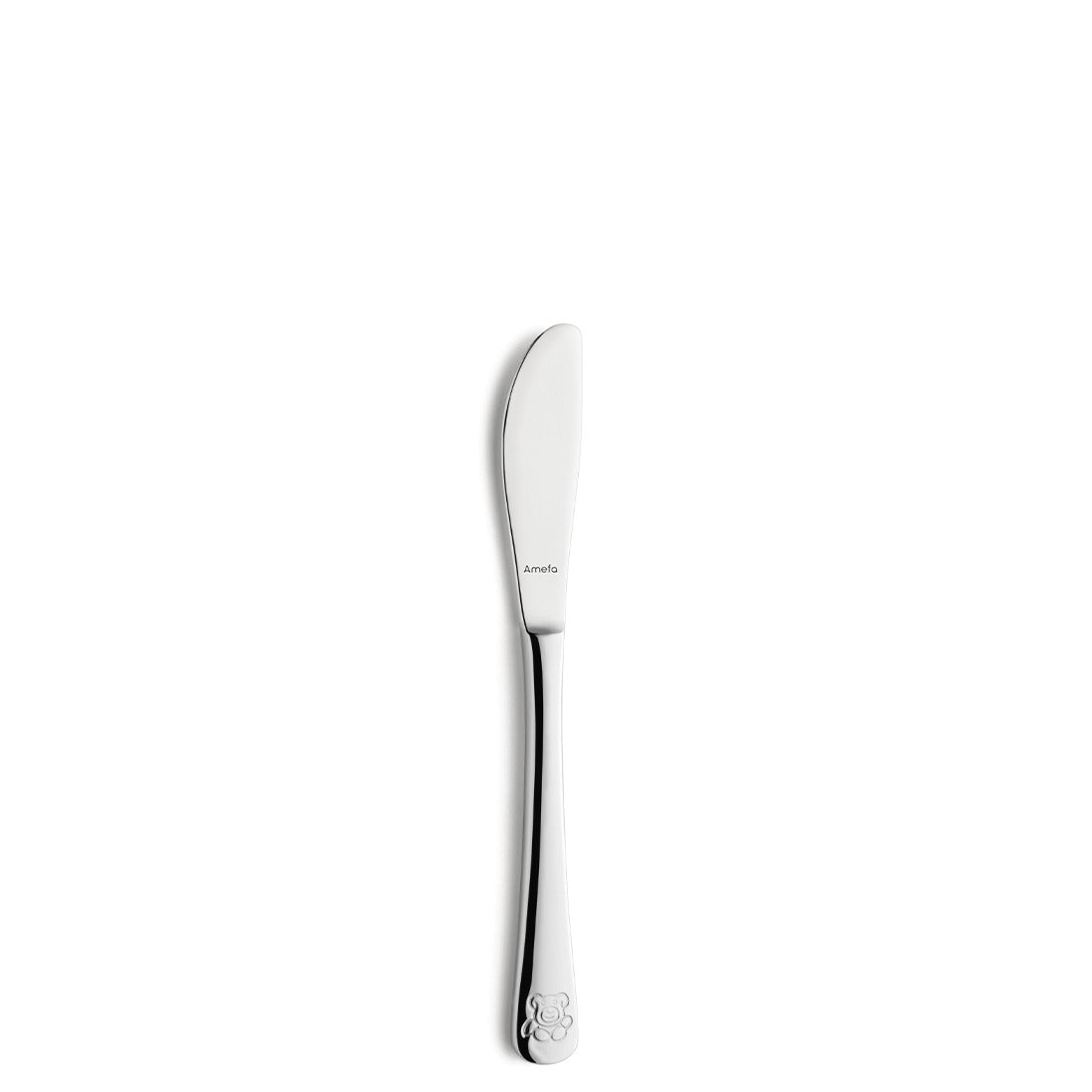 Silbernes Buttermesser mit Bärenmotiv am Griff.
