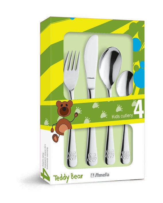 Kinderbesteck-Set mit Bärenmotiv in Verpackung.