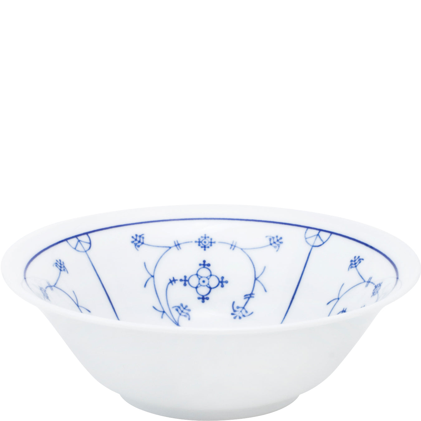 Weiße Schüssel mit blauem Muster.