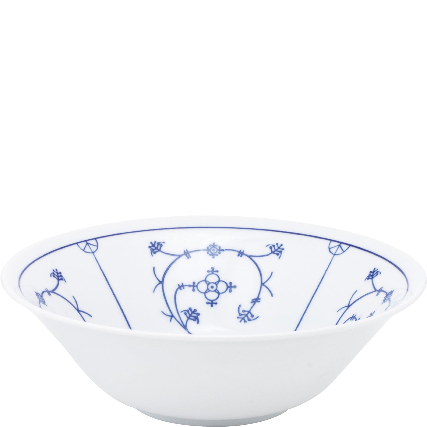 Weiße Schüssel mit blauem Muster.