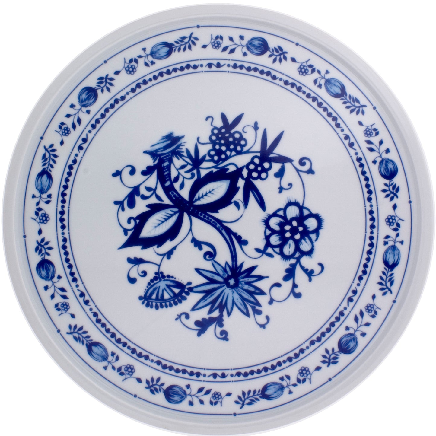 Porzellanteller mit blauem Blumenmuster.