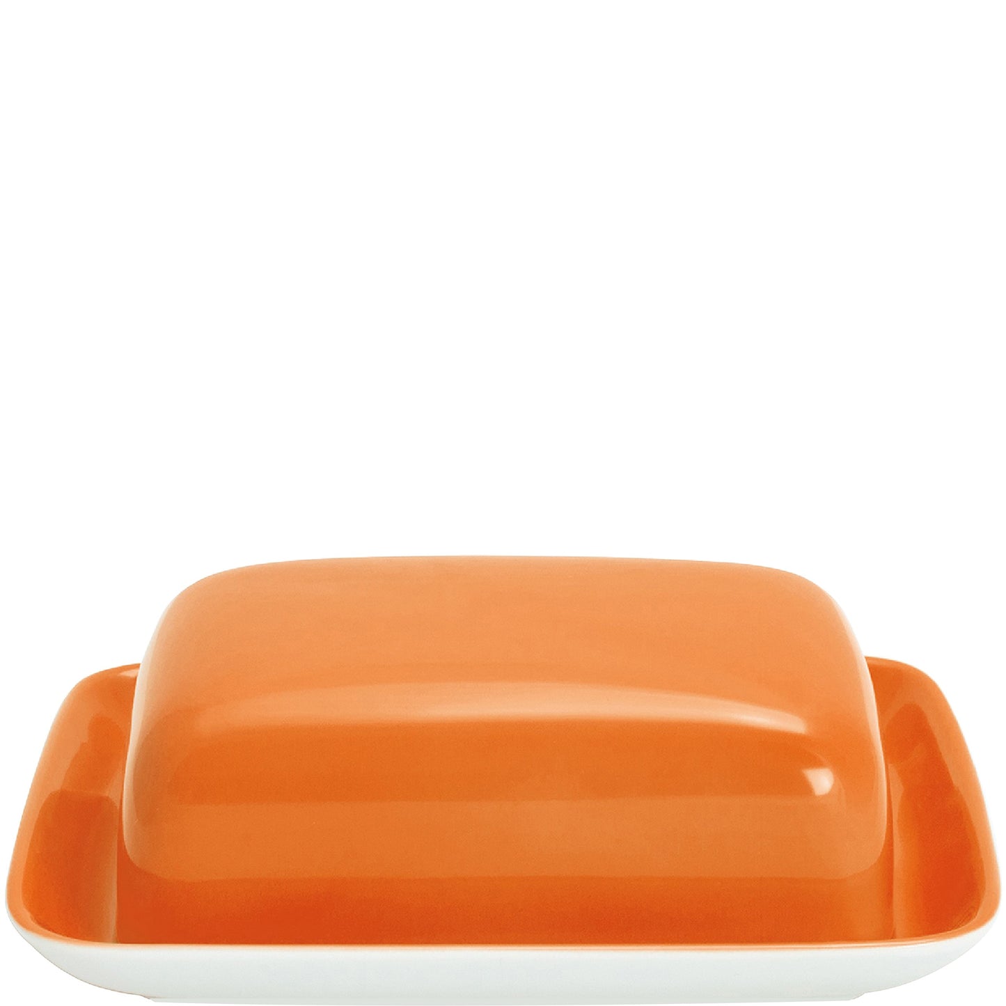Orange Butterdose mit Deckel.