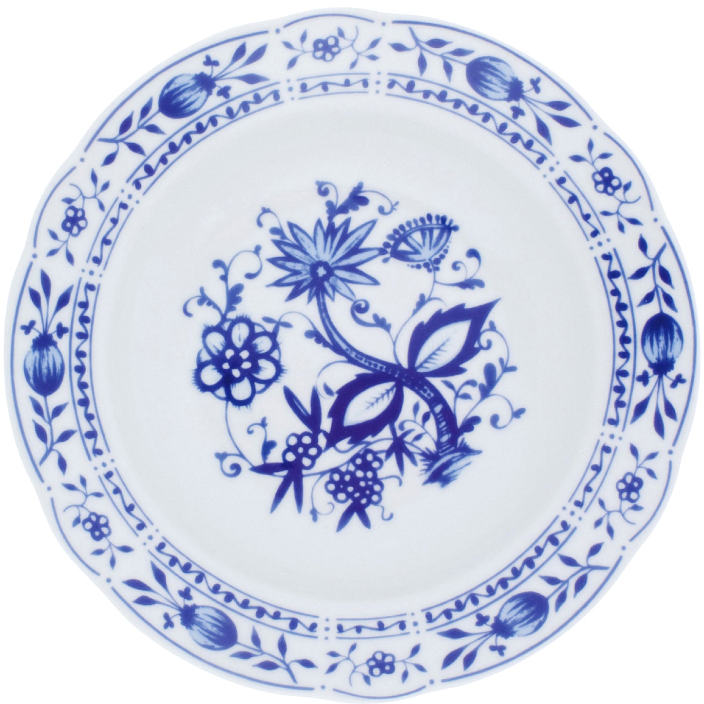 Weißer Teller mit blauem Muster.