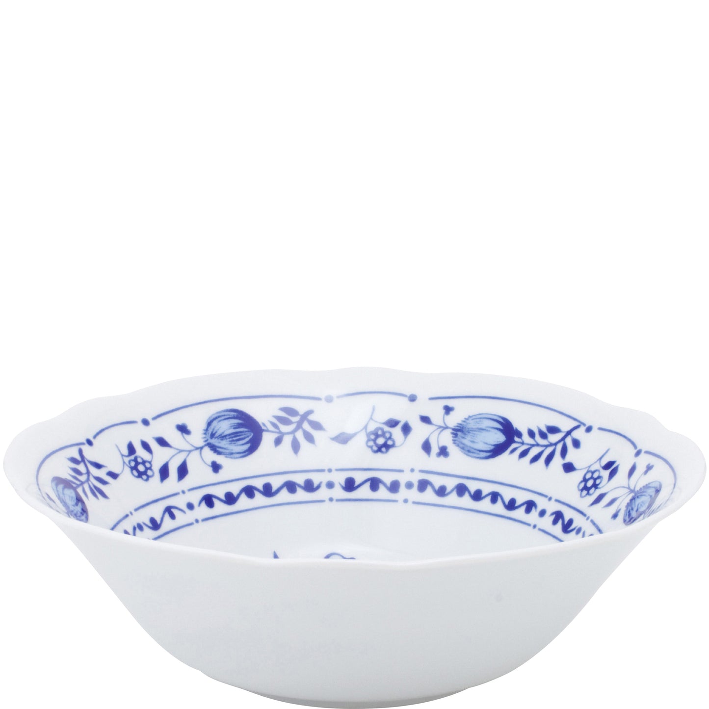 Weiße Schüssel mit blauem Muster.