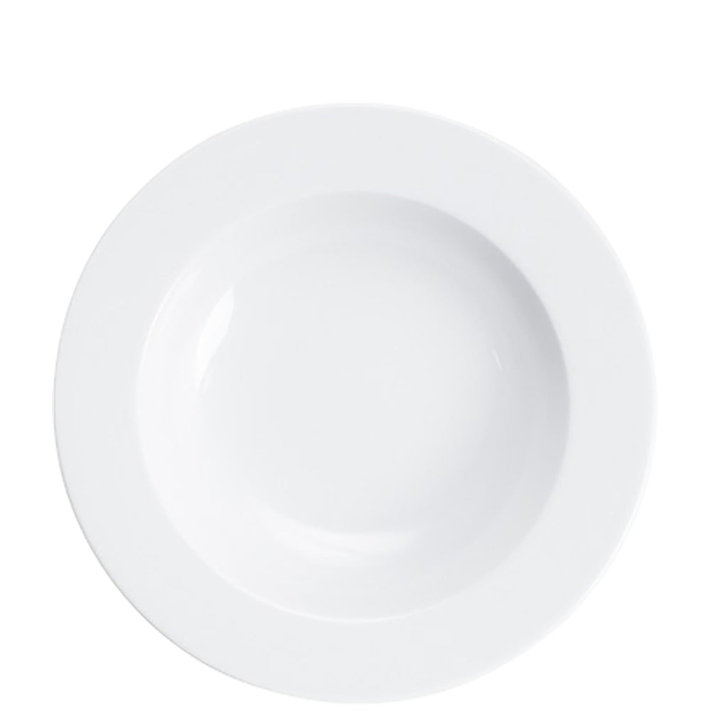 Weißer Porzellanteller, schlichtes Design.