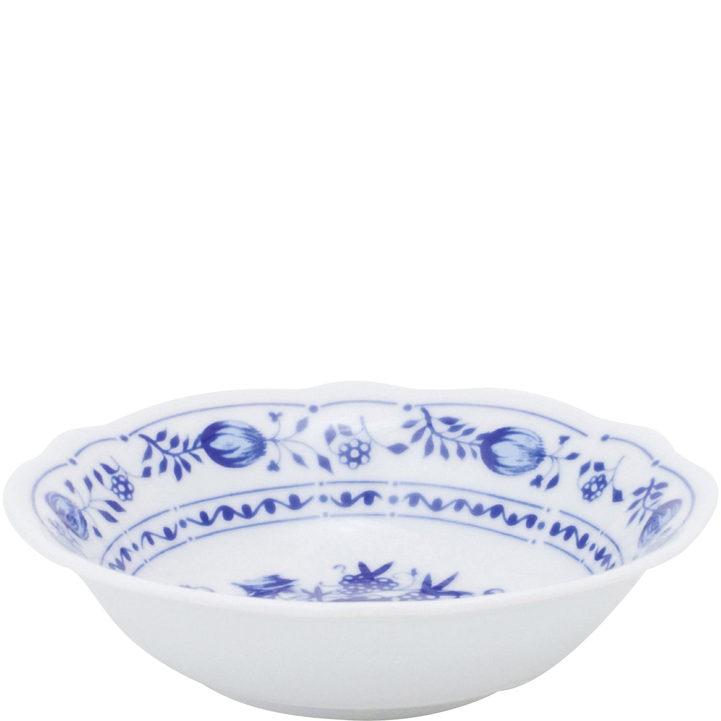 Weiße Schale mit blauem Muster.