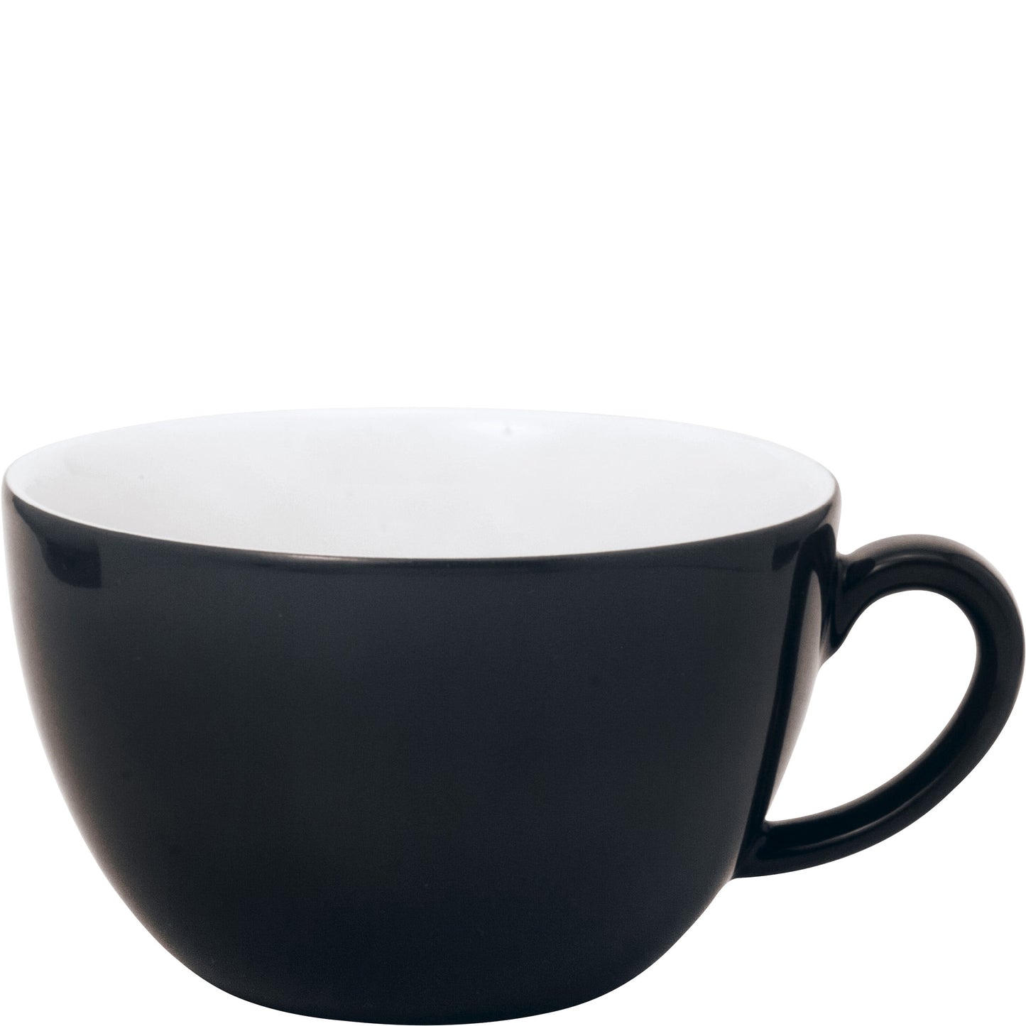 Schwarze Tasse mit Henkel.