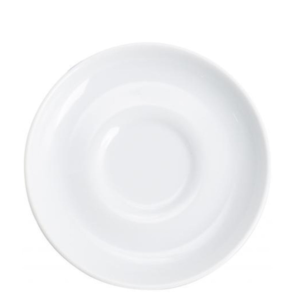 Weißer Porzellanteller, schlichtes Design.