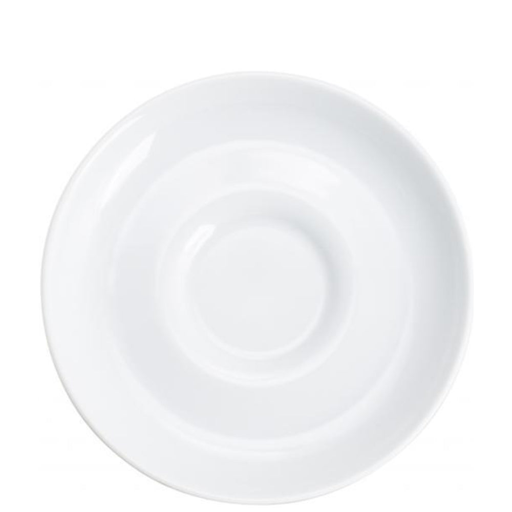 Weiße Porzellanuntertasse, schlichtes Design.