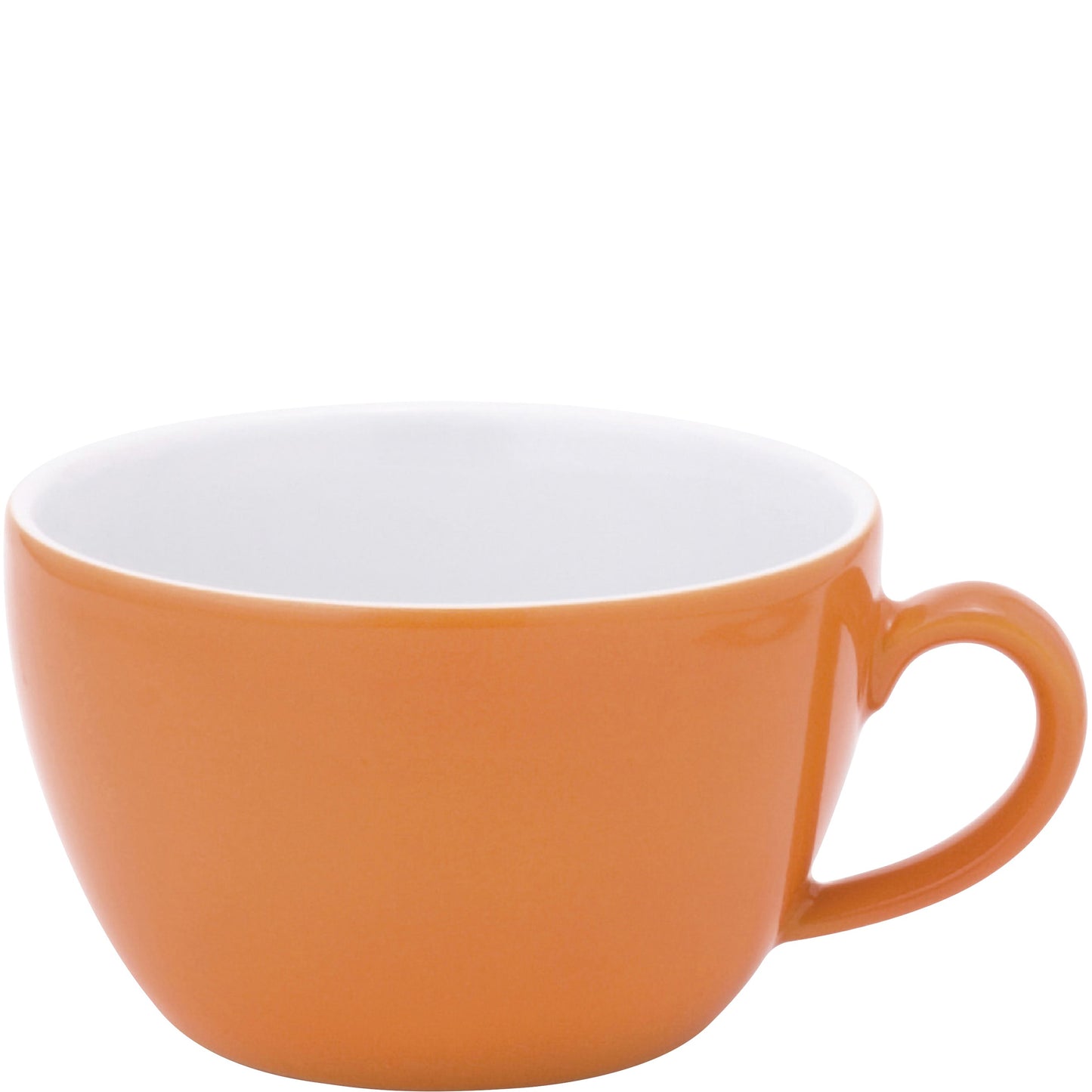 Orange Tasse mit Henkel.