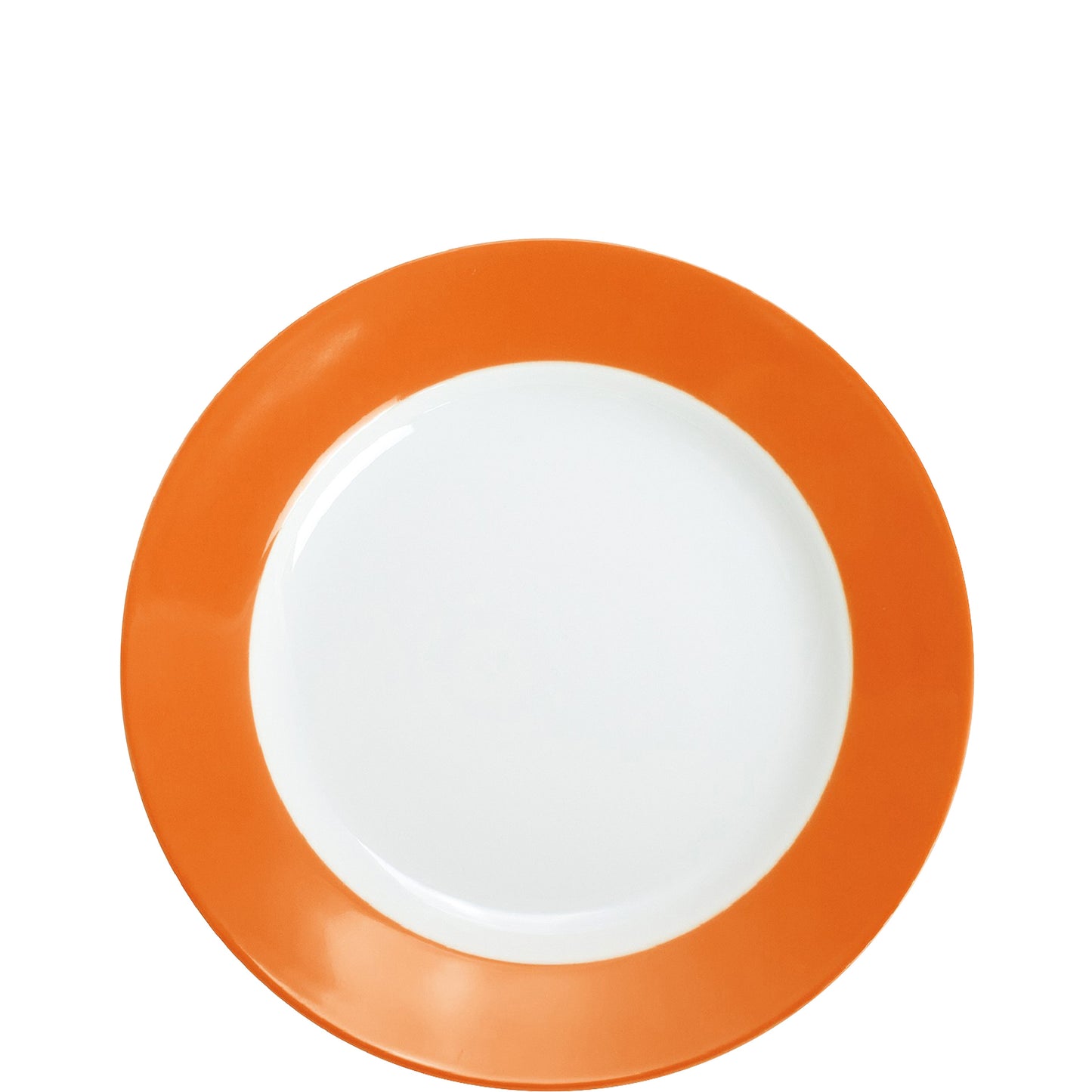 Weißer Teller mit orangefarbenem Rand.