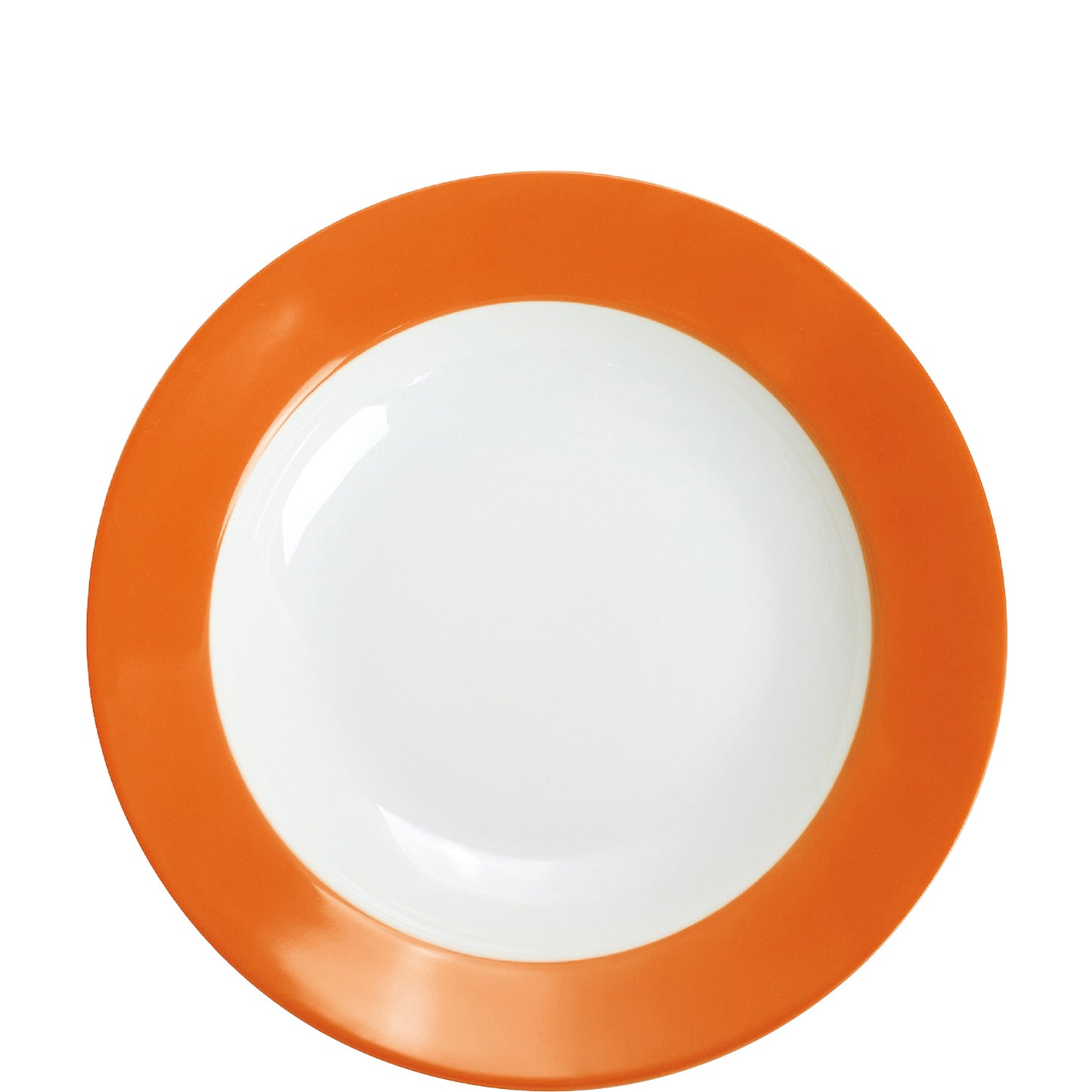 Weißer Teller mit orangem Rand.