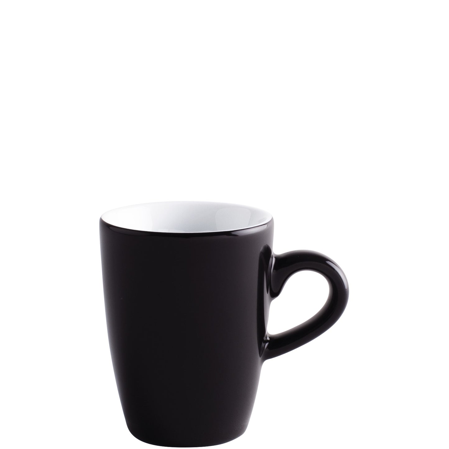 Schwarze Tasse mit Henkel.