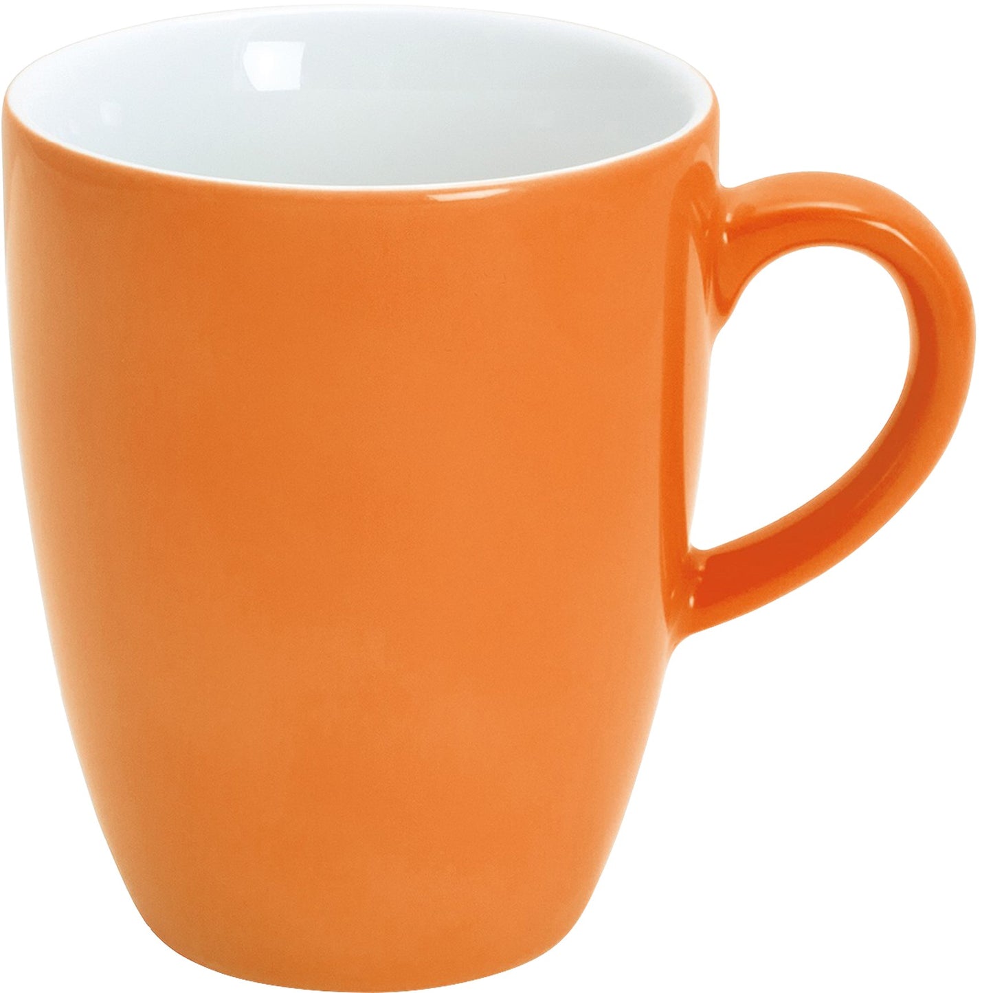 Orange Tasse mit Henkel.