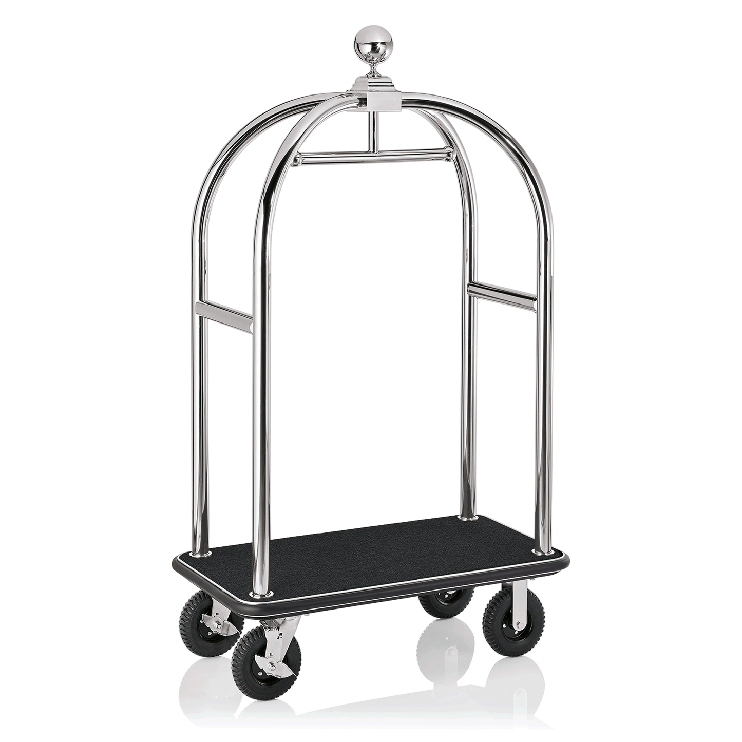 Gepäckwagen aus Metall mit Rollen.