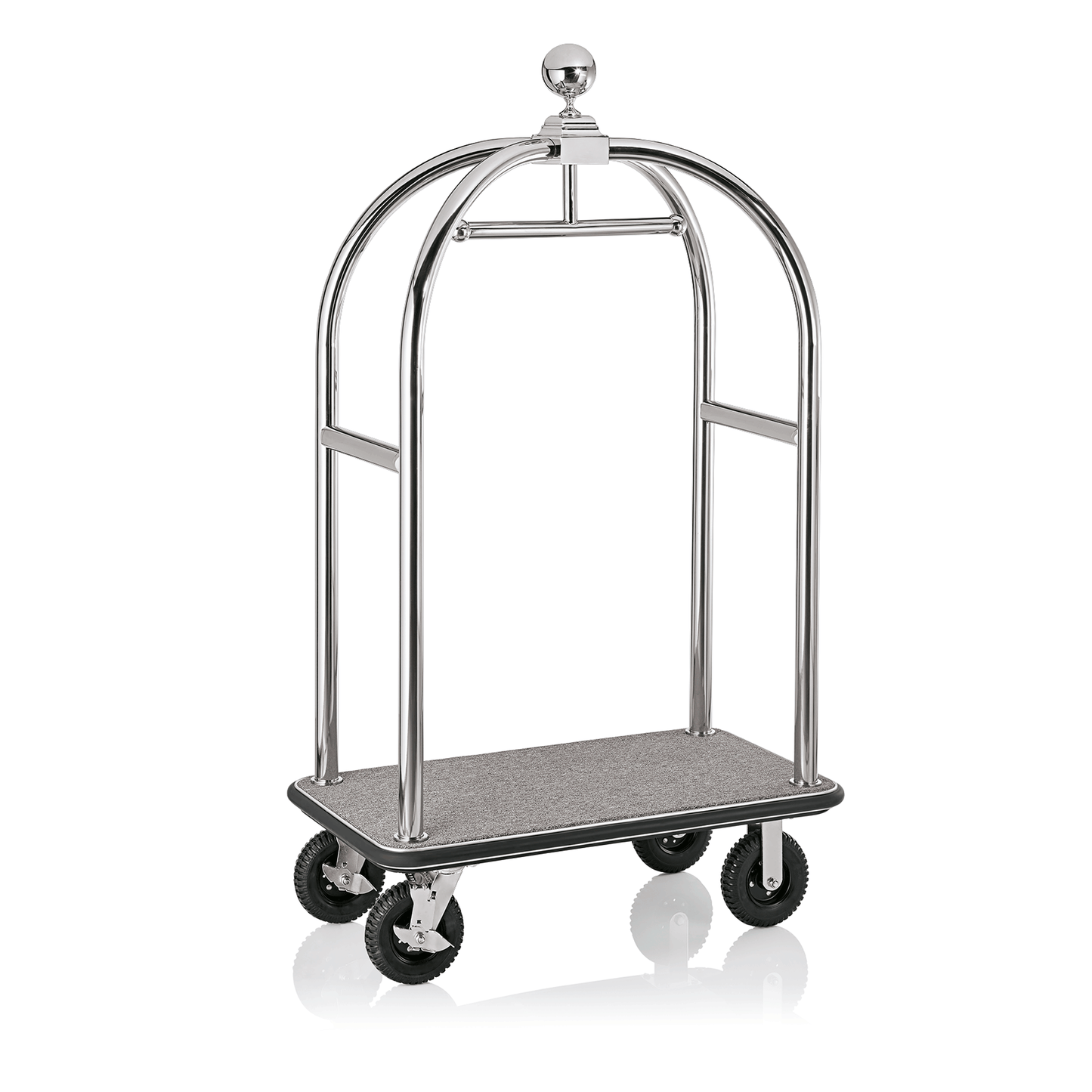 Gepäckwagen aus Edelstahl mit Rollen.