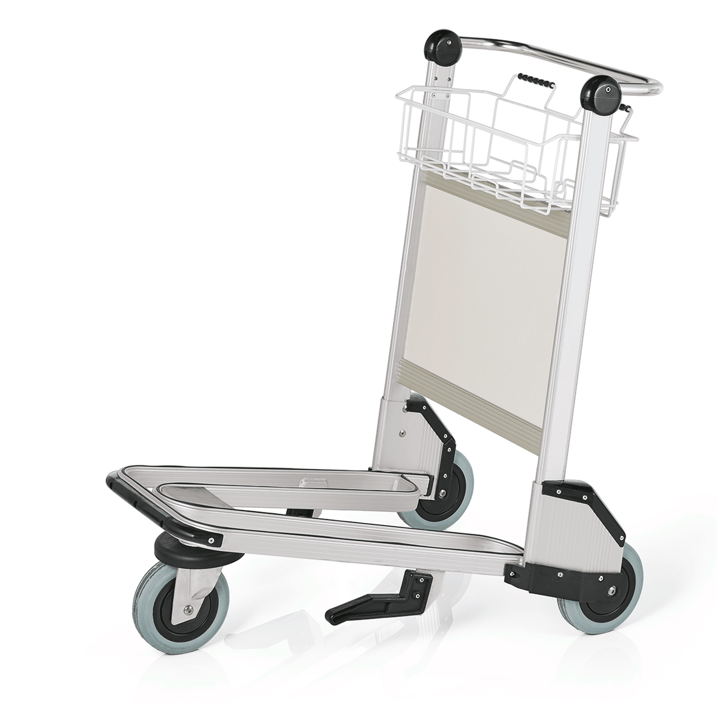 Gepäckwagen mit Korb und Rollen.