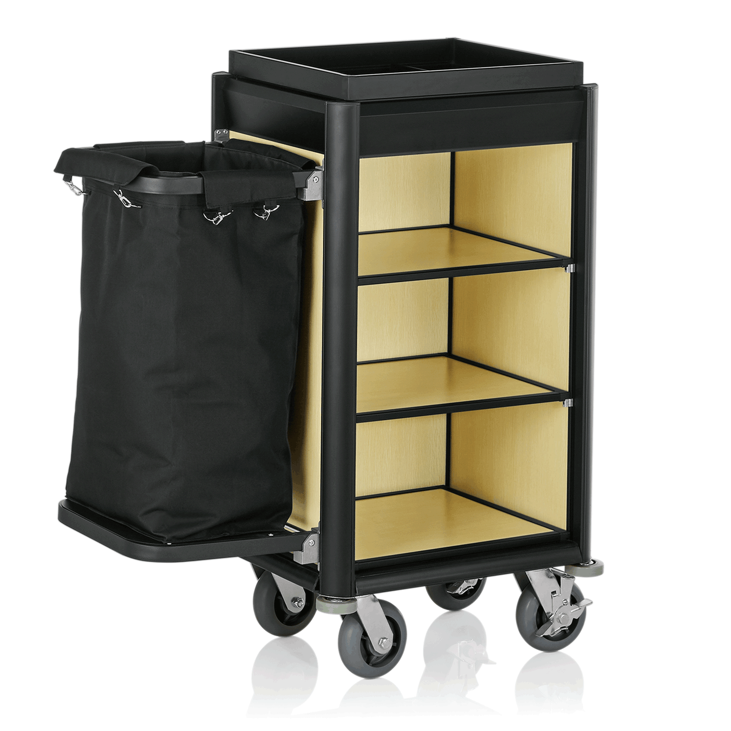 Servierwagen mit Wäschesack und Regalen.