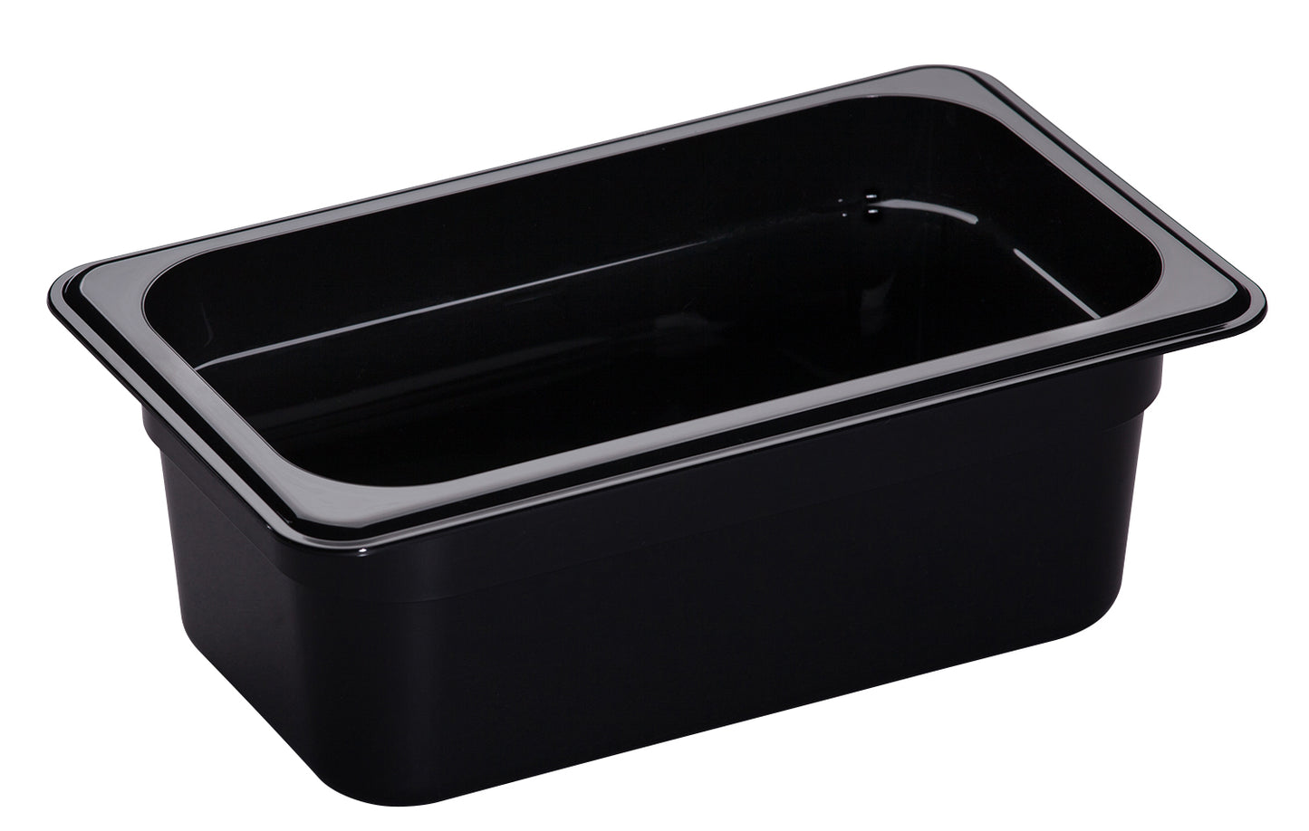 Schwarze GN-Behälter aus Kunststoff.