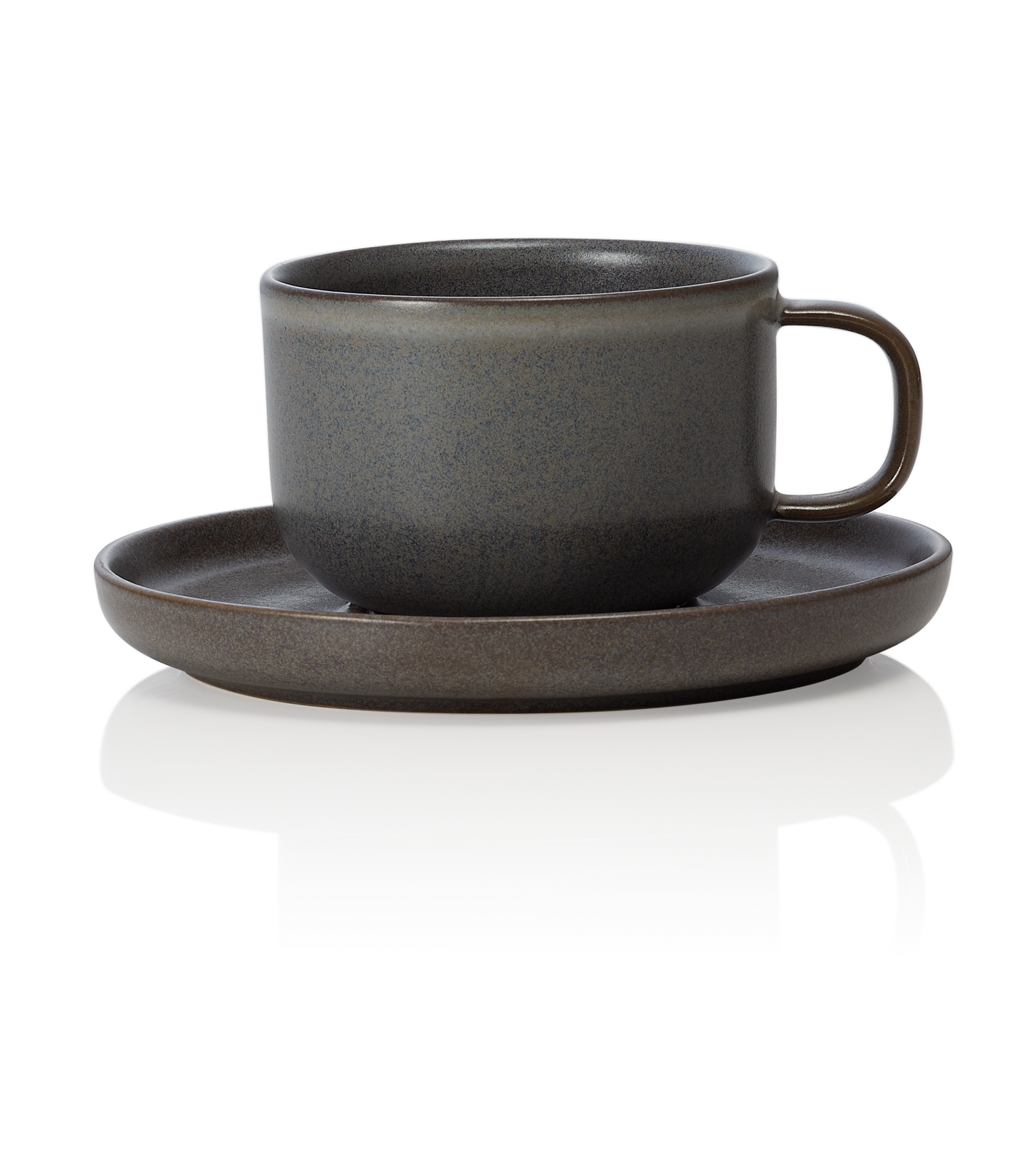 Graue Tasse mit Untertasse.
