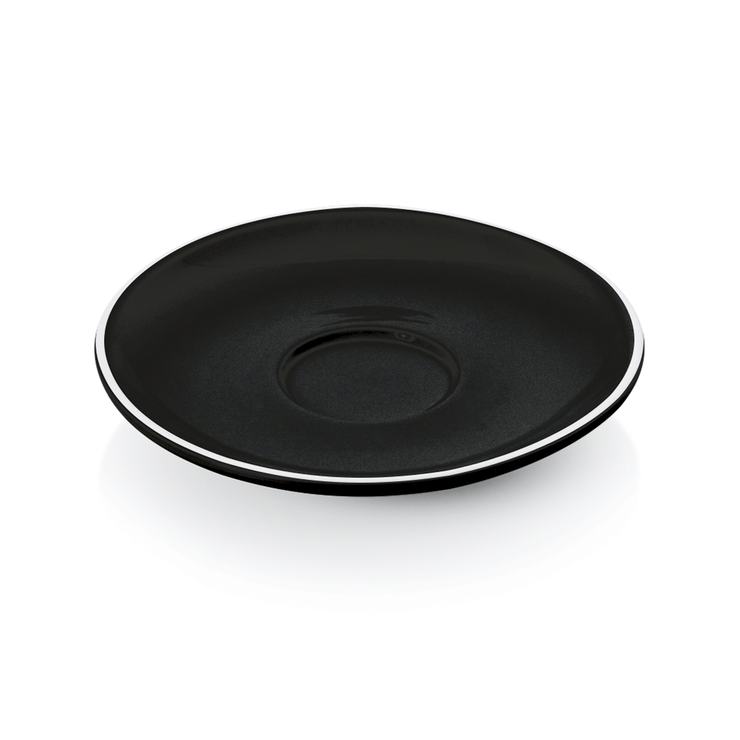 Schwarze Untertasse ohne Tasse.