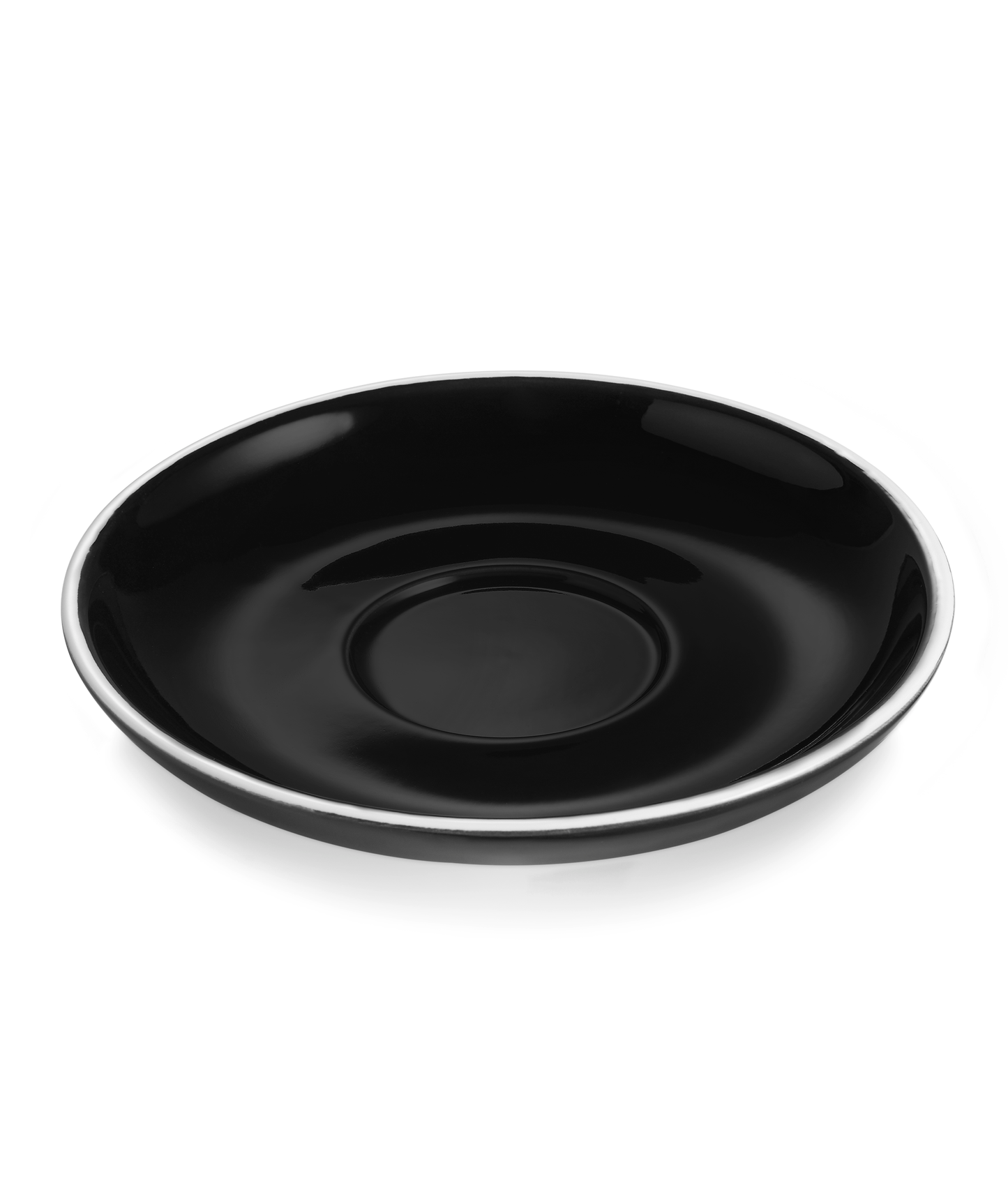 Schwarze Untertasse mit silbernem Rand.